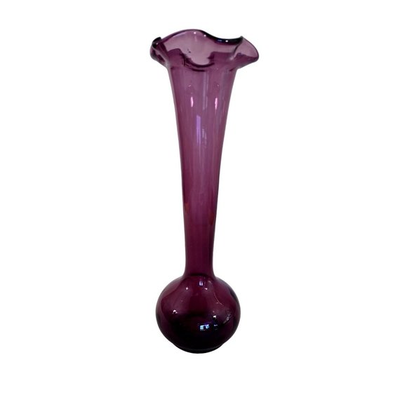 Vintage  Purple Hand Blown Glass Vase Ruffled Top Studio Art 9.25" x 3" Handmade - Picture 5 of 5